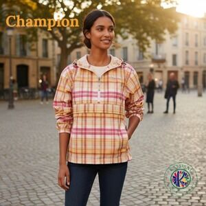 Champion Women's Plaid Anorak Windbreaker Jacket – Size L, Half Zip Hooded Logo